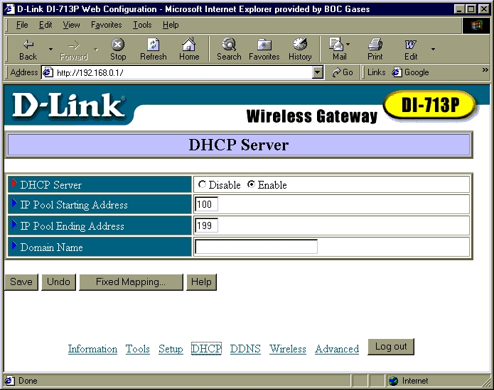 D-Link DI-713p Setup Info Screen