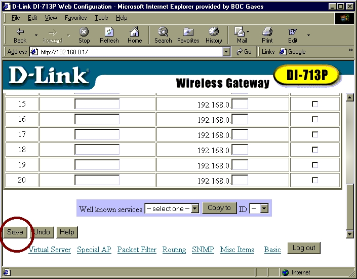 D-LinkDI-713p port forwarding setup - save button